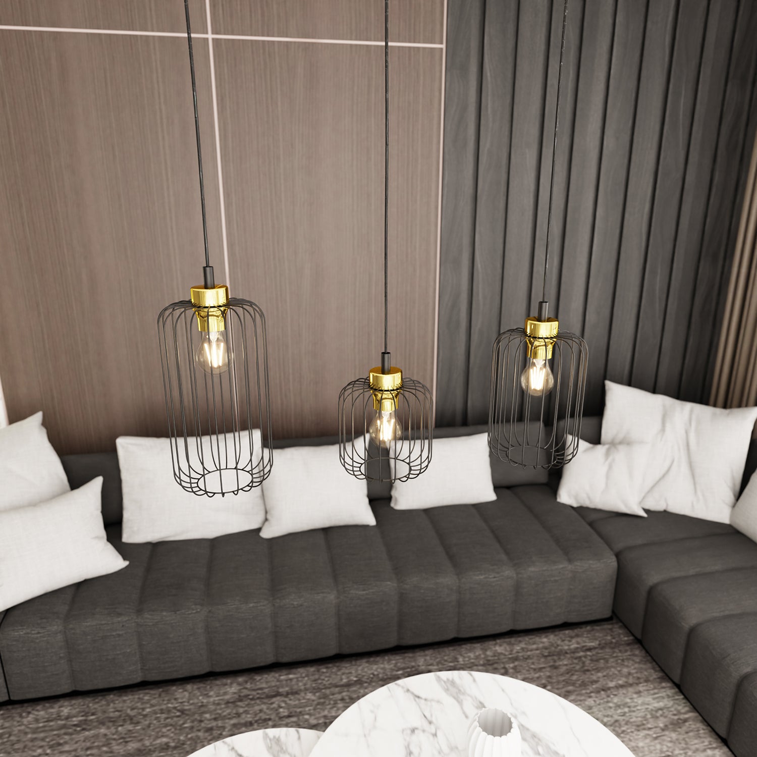 Sospensione Minimal Industrial Minerva 3 Luci Lineari Nera E Oro