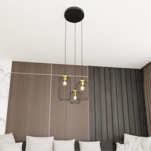 Sospensione Minimal Industrial Minerva 3 Luci Tonda Nera E Oro