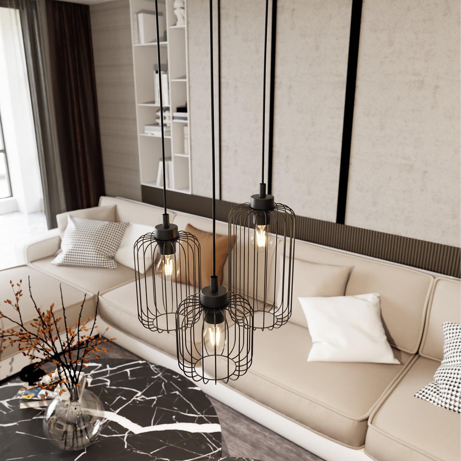 Sospensione Minimal Industrial Minerva 3 Luci Tonda Nera