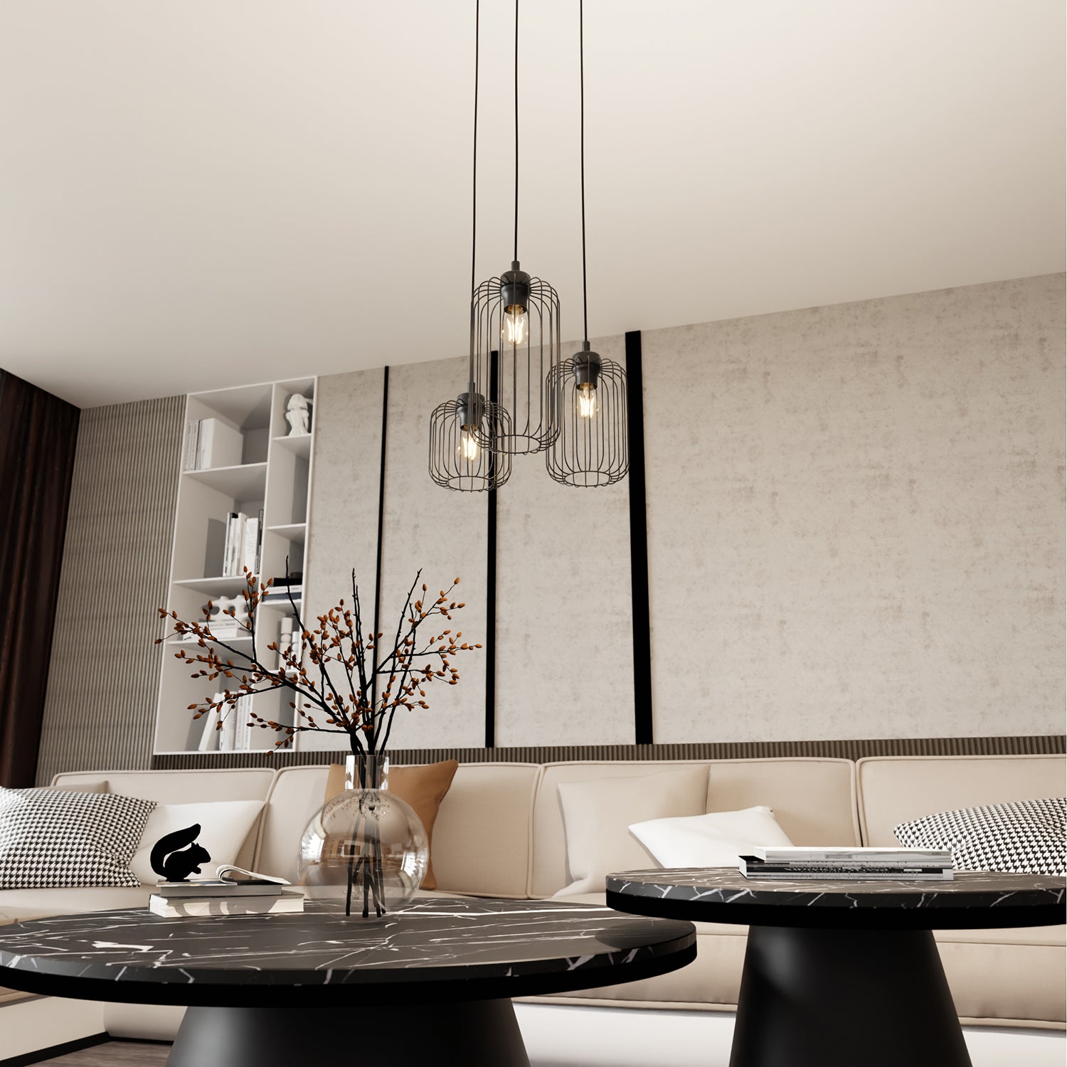 Sospensione Minimal Industrial Minerva 3 Luci Tonda Nera