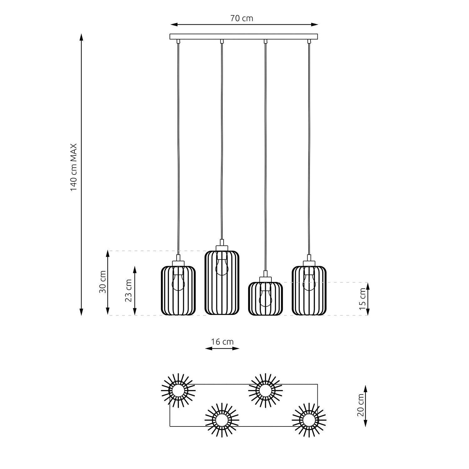 Sospensione Minimal Industrial Minerva 4 Luci Lineari Nera