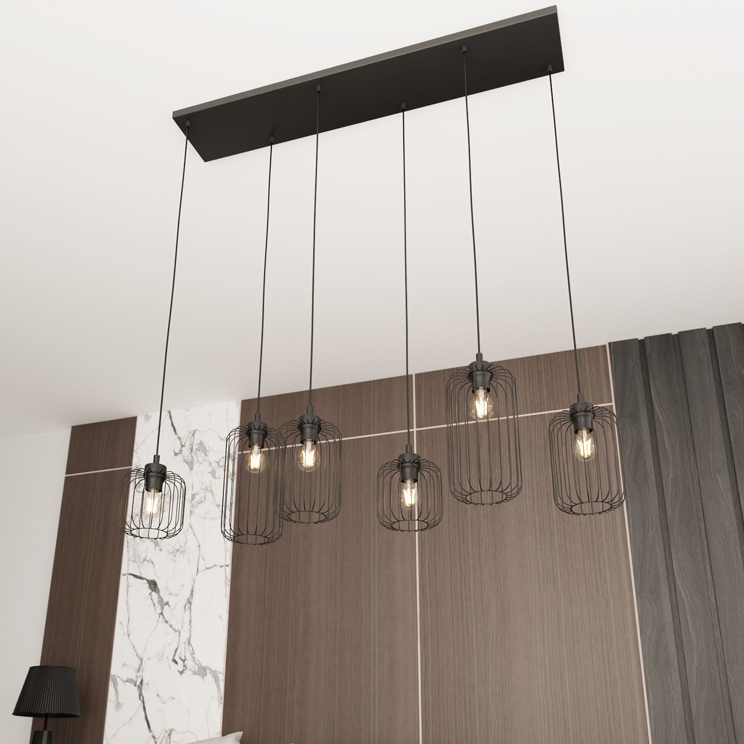 Sospensione Minimal Industrial Minerva 6 Luci Lineari Nera