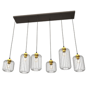 Sospensione Minimal Industrial Minerva 6 Luci Lineari Nera E Oro