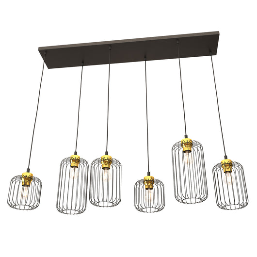 Sospensione Minimal Industrial Minerva 6 Luci Lineari Nera E Oro