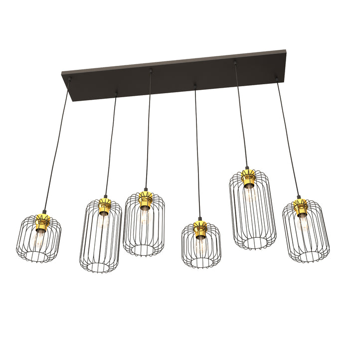 Sospensione Minimal Industrial Minerva 6 Luci Lineari Nera E Oro