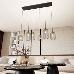 Sospensione Minimal Industrial Minerva 6 Luci Lineari Nera E Oro