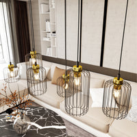 Sospensione Minimal Industrial Minerva 6 Luci Lineari Nera E Oro