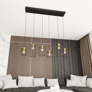 Sospensione Minimal Industrial Minerva 6 Luci Lineari Nera E Oro