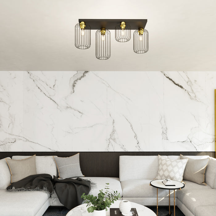 Plafonriera Minimal Industrial Vulcano 4 Luci Lineari Nera E Oro