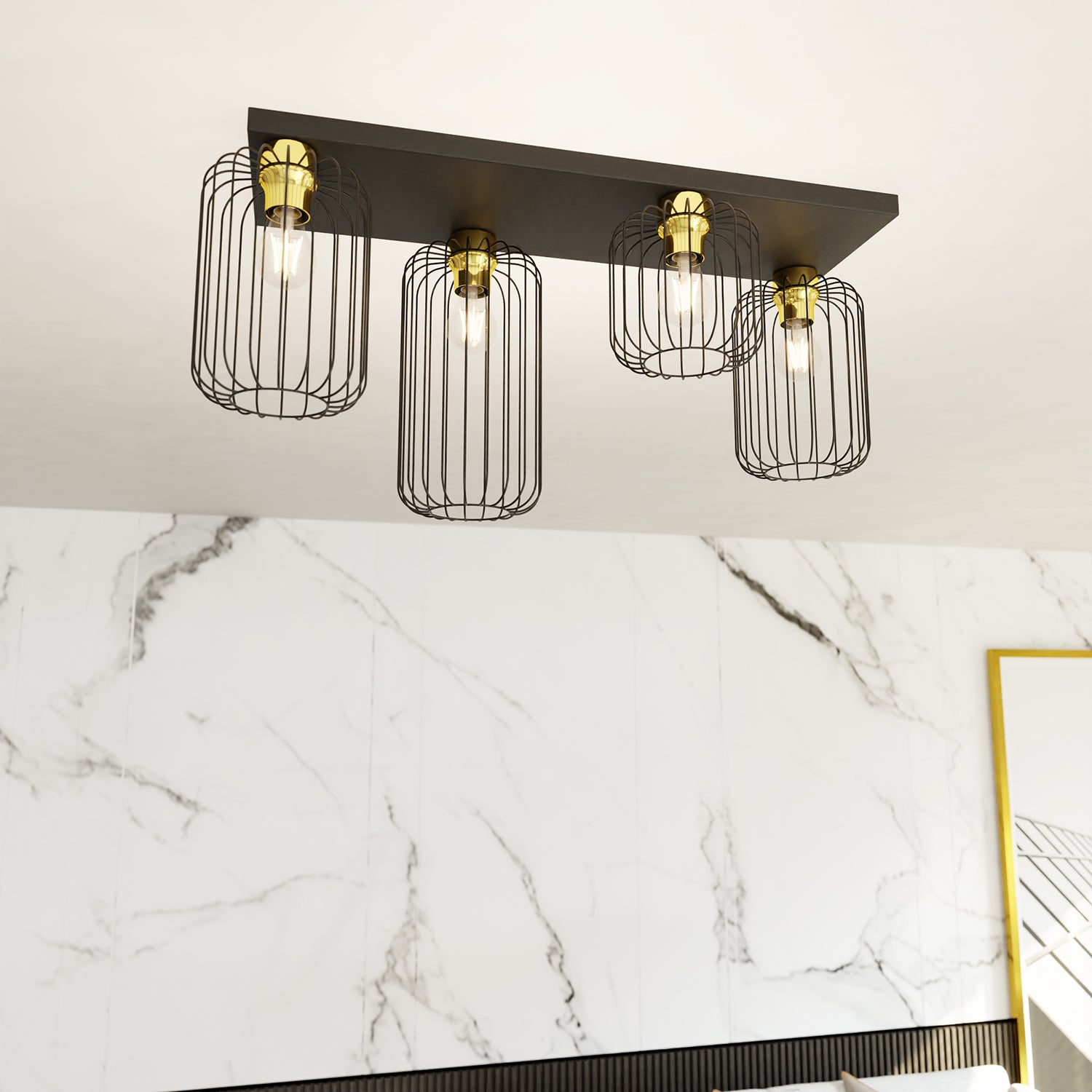 Plafonriera Minimal Industrial Vulcano 4 Luci Lineari Nera E Oro