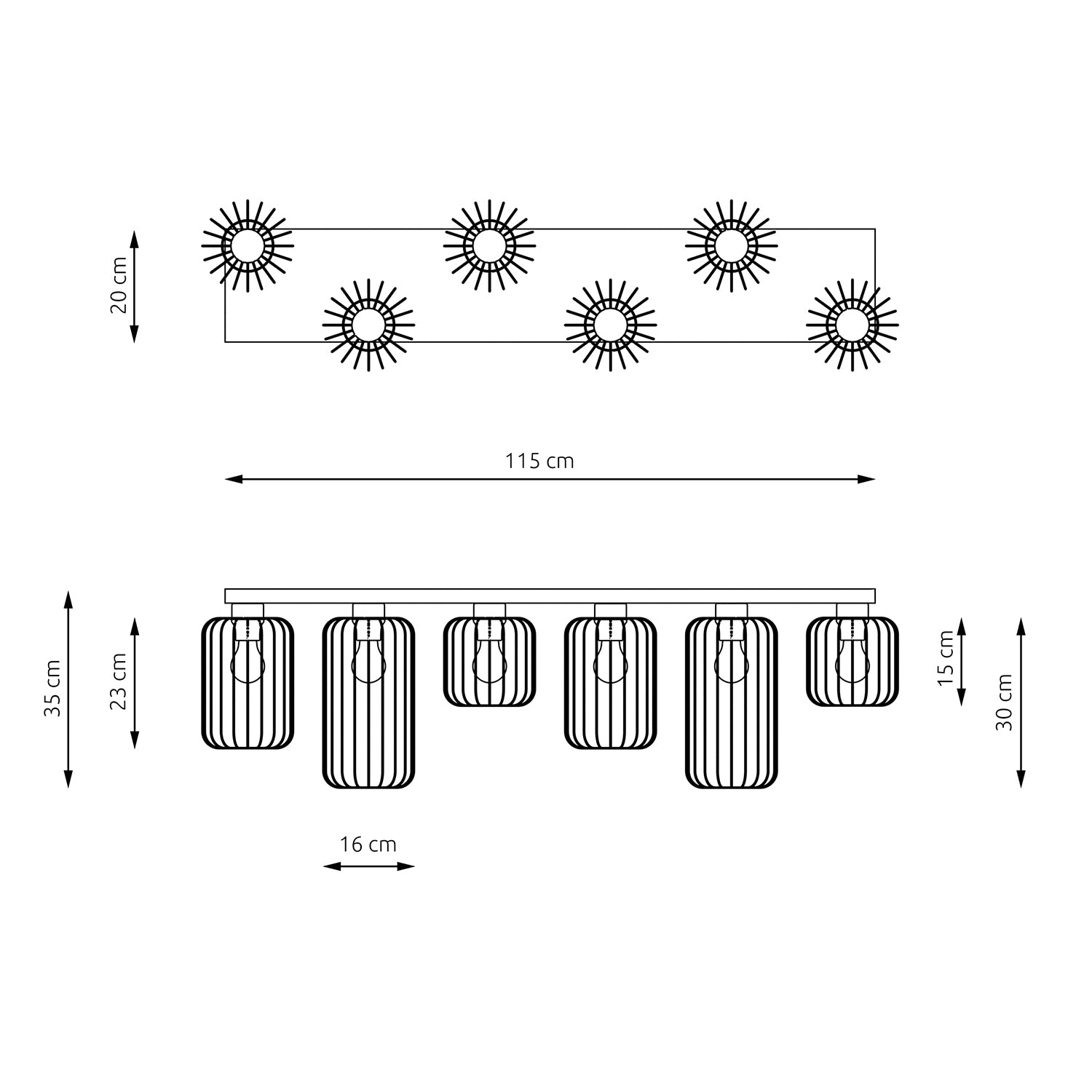 Plafonriera Minimal Industrial Vulcano 6 Luci Lineari Nera