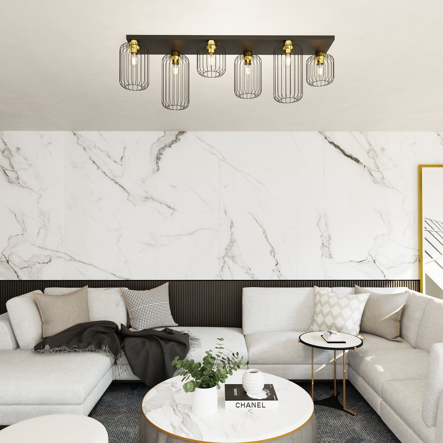 Plafonriera Minimal Industrial Vulcano 6 Luci Lineari Nera E Oro