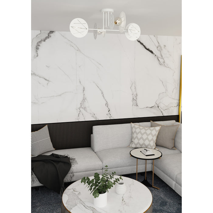 Plafoniera 4 Luci Plutone In Acciaio Bianco A Bracci E Diffusori A Cerchio