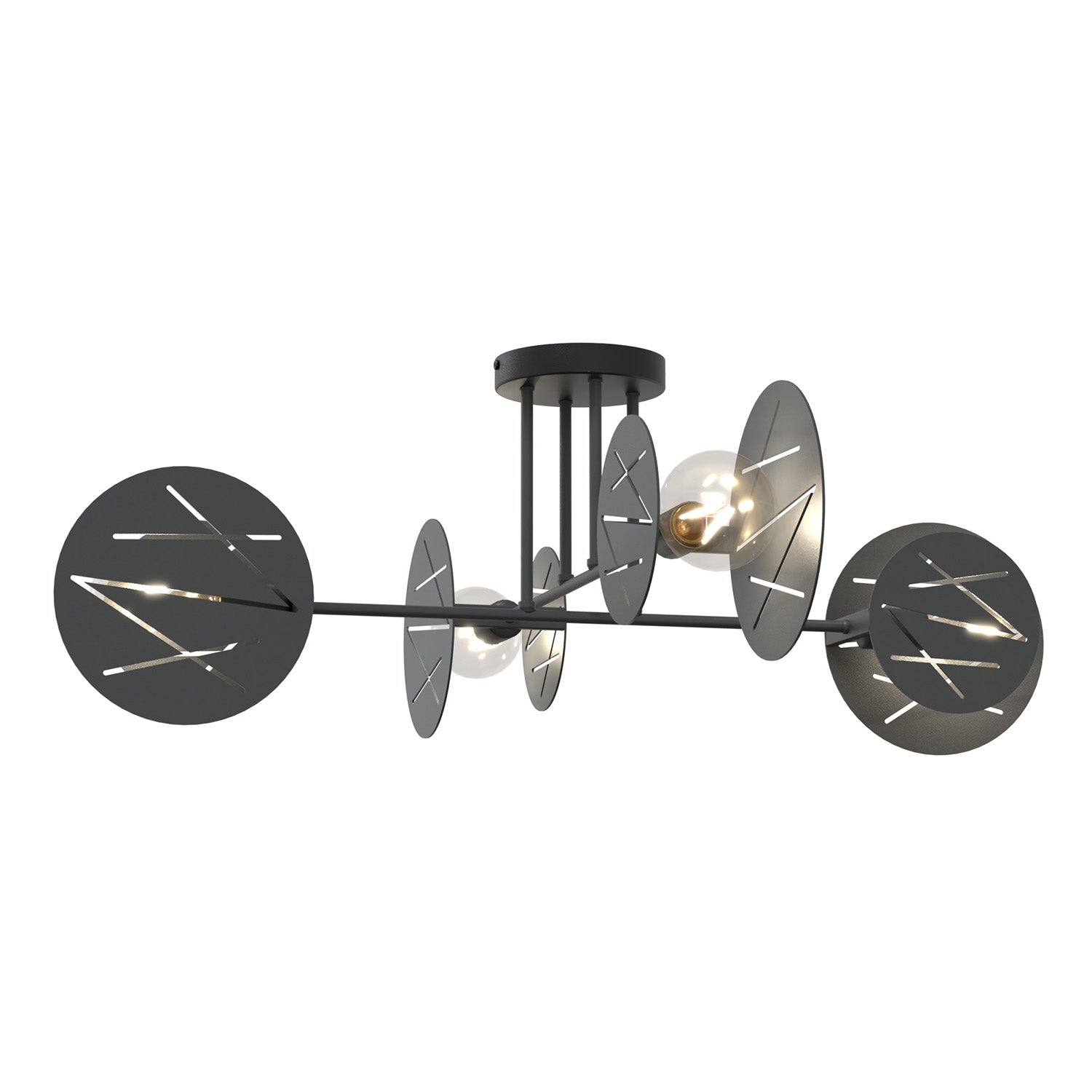 Plafoniera 4 Luci Plutone In Acciaio Nero A Bracci E Diffusori A Cerchio