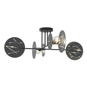 Plafoniera 4 Luci Plutone In Acciaio Nero A Bracci E Diffusori A Cerchio