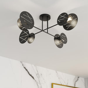 Plafoniera 4 Luci Plutone In Acciaio Nero A Bracci E Diffusori A Cerchio