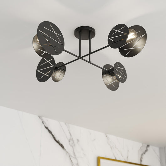 Plafoniera 4 Luci Plutone In Acciaio Nero A Bracci E Diffusori A Cerchio