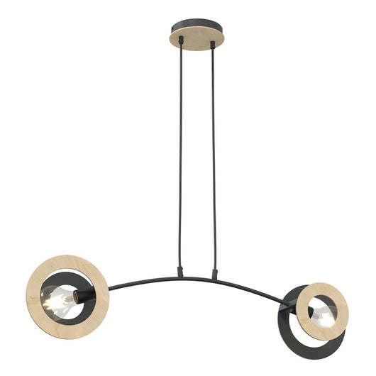 Lampadario 2 Luci Rea Acciaio Nero Legno Naturale E Diffusori Doppio Cerchio
