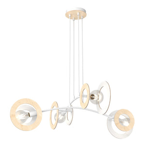 Lampadario 4 Luci Rea Acciaio Bianco Legno Naturale E Diffusori Doppio Cerchio