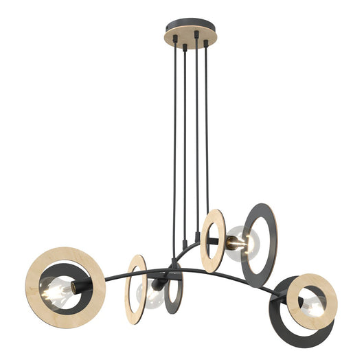 Lampadario 4 Luci Rea Acciaio Nero Legno Naturale E Diffusori Doppio Cerchio