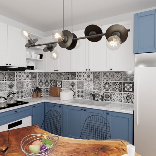 Lampadario 6 Luci Eos In Acciaio Nero Con Barra E Diffusori A Piatti