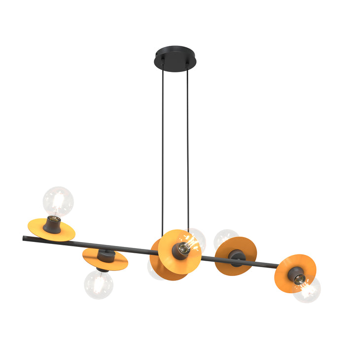 Lampadario 6 Luci Eos In Acciaio Nero E Arancio Con Barra E Diffusori A Piatti