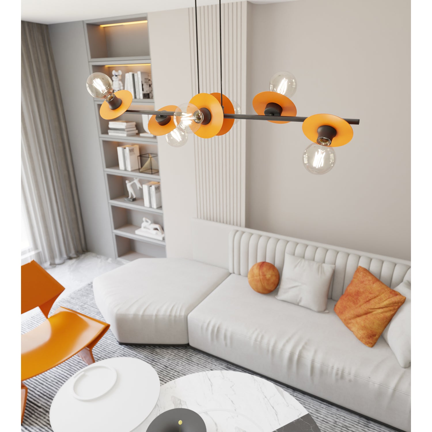 Lampadario 6 Luci Eos In Acciaio Nero E Arancio Con Barra E Diffusori A Piatti