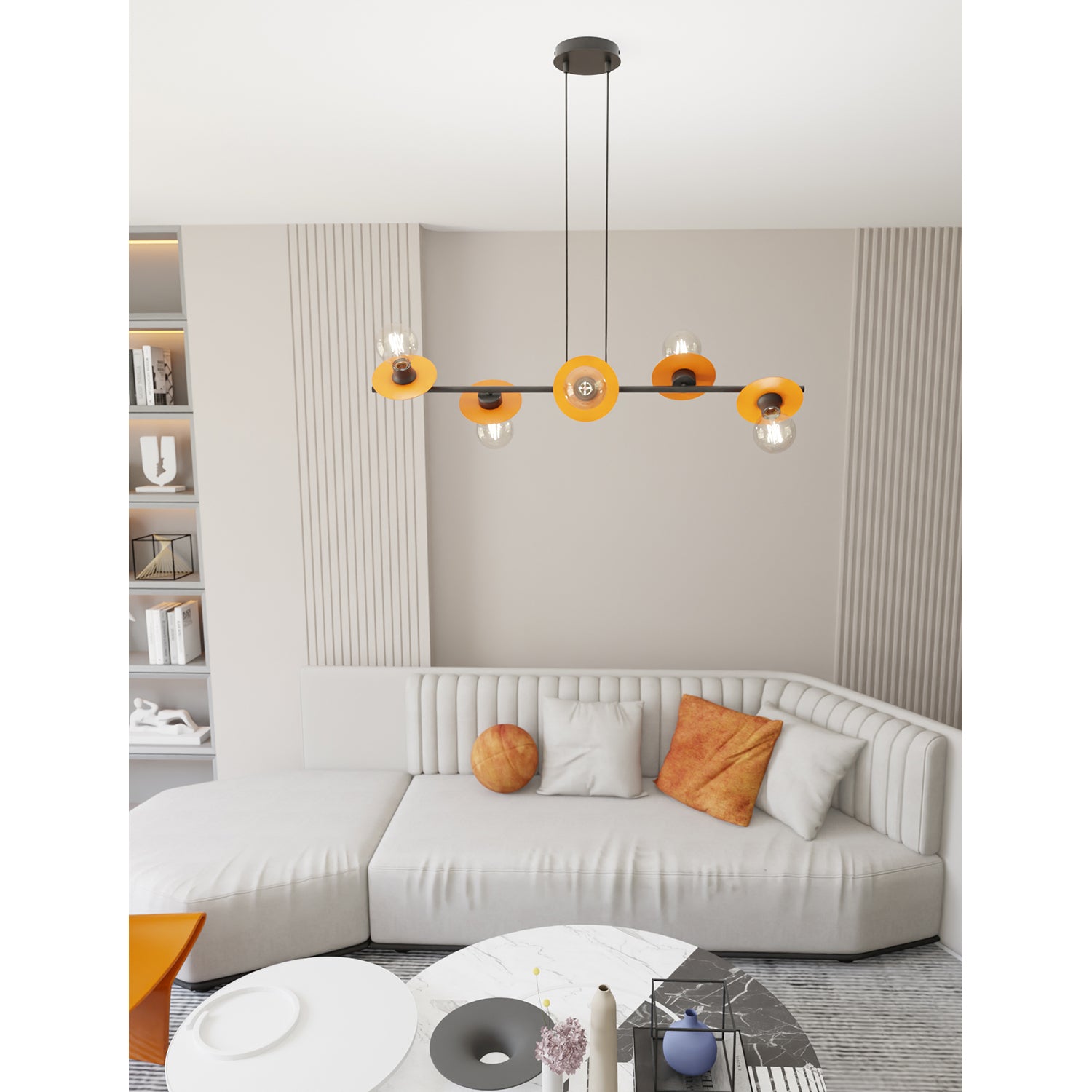 Lampadario 6 Luci Eos In Acciaio Nero E Arancio Con Barra E Diffusori A Piatti