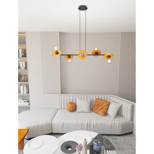 Lampadario 6 Luci Eos In Acciaio Nero E Arancio Con Barra E Diffusori A Piatti