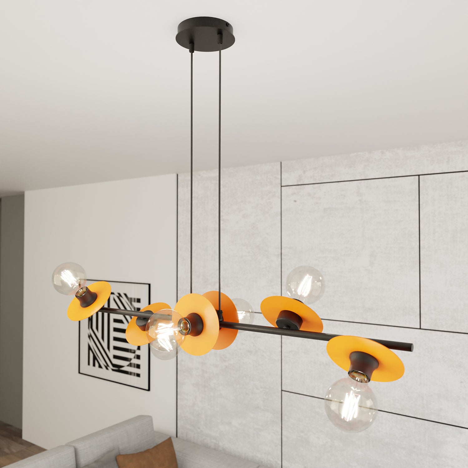 Lampadario 6 Luci Eos In Acciaio Nero E Arancio Con Barra E Diffusori A Piatti