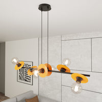 Lampadario 6 Luci Eos In Acciaio Nero E Arancio Con Barra E Diffusori A Piatti