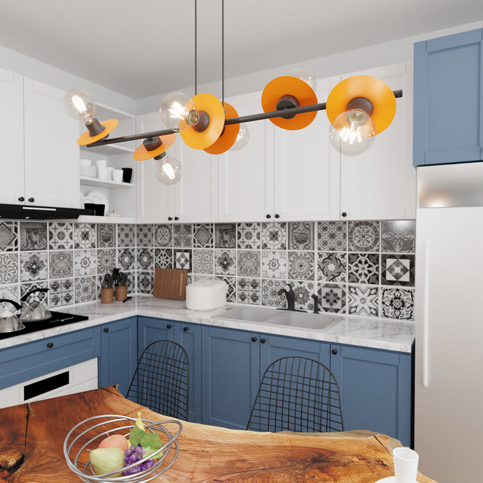 Lampadario 6 Luci Eos In Acciaio Nero E Arancio Con Barra E Diffusori A Piatti