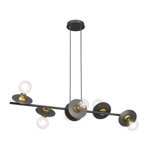 Lampadario 6 Luci Eos In Acciaio Nero E Oro Con Barra E Diffusori A Piatti