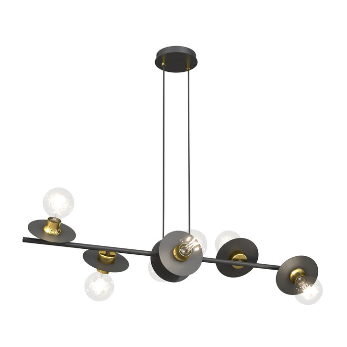 Lampadario 6 Luci Eos In Acciaio Nero E Oro Con Barra E Diffusori A Piatti