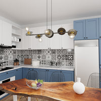 Lampadario 6 Luci Eos In Acciaio Nero E Oro Con Barra E Diffusori A Piatti