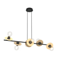 Lampadario 6 Luci Eos In Acciaio Nero E Legno Con Barra E Diffusori A Piatti