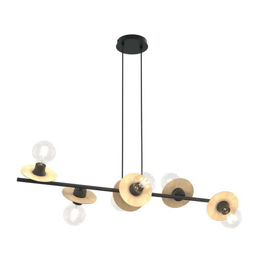 Lampadario 6 Luci Eos In Acciaio Nero E Legno Con Barra E Diffusori A Piatti