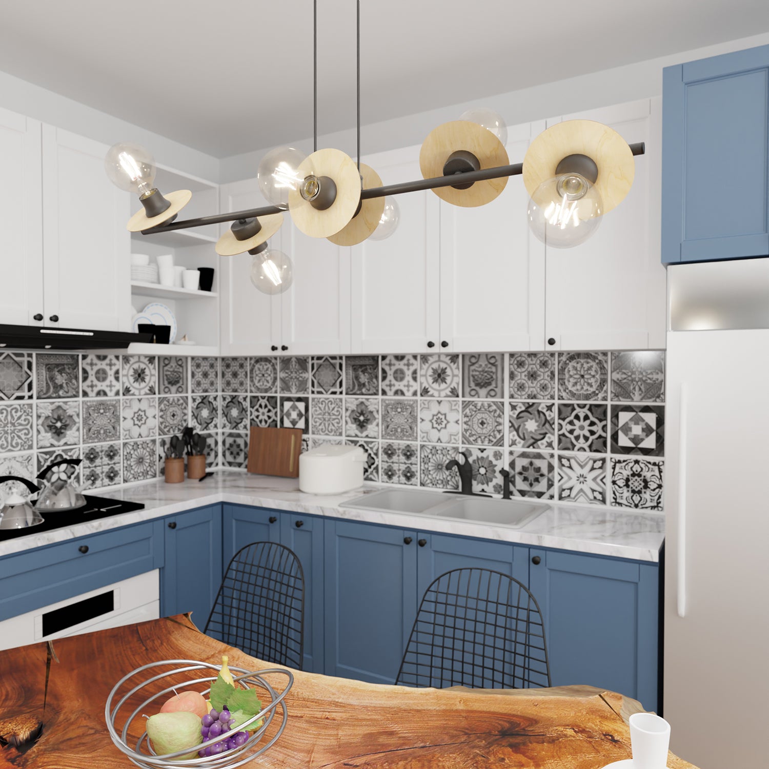 Lampadario 6 Luci Eos In Acciaio Nero E Legno Con Barra E Diffusori A Piatti