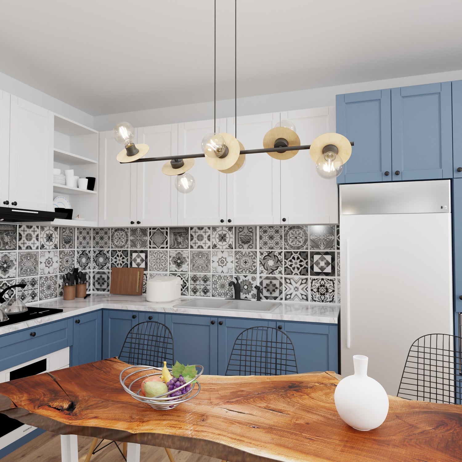 Lampadario 6 Luci Eos In Acciaio Nero E Legno Con Barra E Diffusori A Piatti