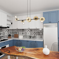 Lampadario 6 Luci Eos In Acciaio Nero E Legno Con Barra E Diffusori A Piatti