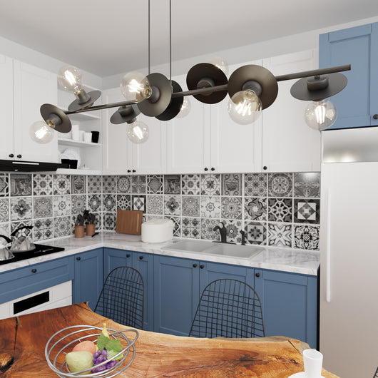 Lampadario 8 Luci Eos In Acciaio Nero Con Barra E Diffusori A Piatti