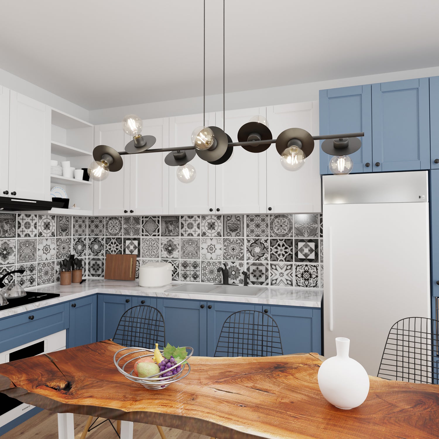 Lampadario 8 Luci Eos In Acciaio Nero Con Barra E Diffusori A Piatti