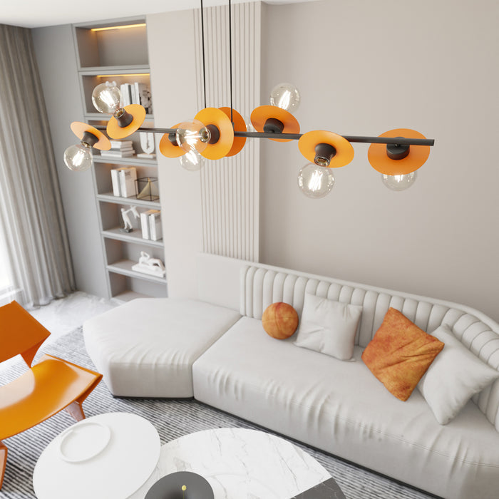 Lampadario 8 Luci Eos In Acciaio Nero E Arancio Con Barra E Diffusori A Piatti