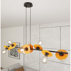 Lampadario 8 Luci Eos In Acciaio Nero E Arancio Con Barra E Diffusori A Piatti