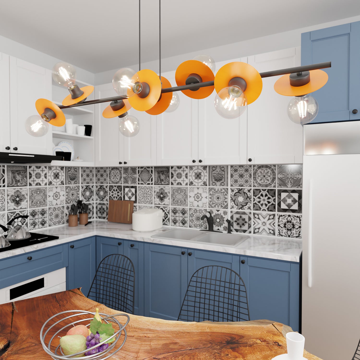 Lampadario 8 Luci Eos In Acciaio Nero E Arancio Con Barra E Diffusori A Piatti