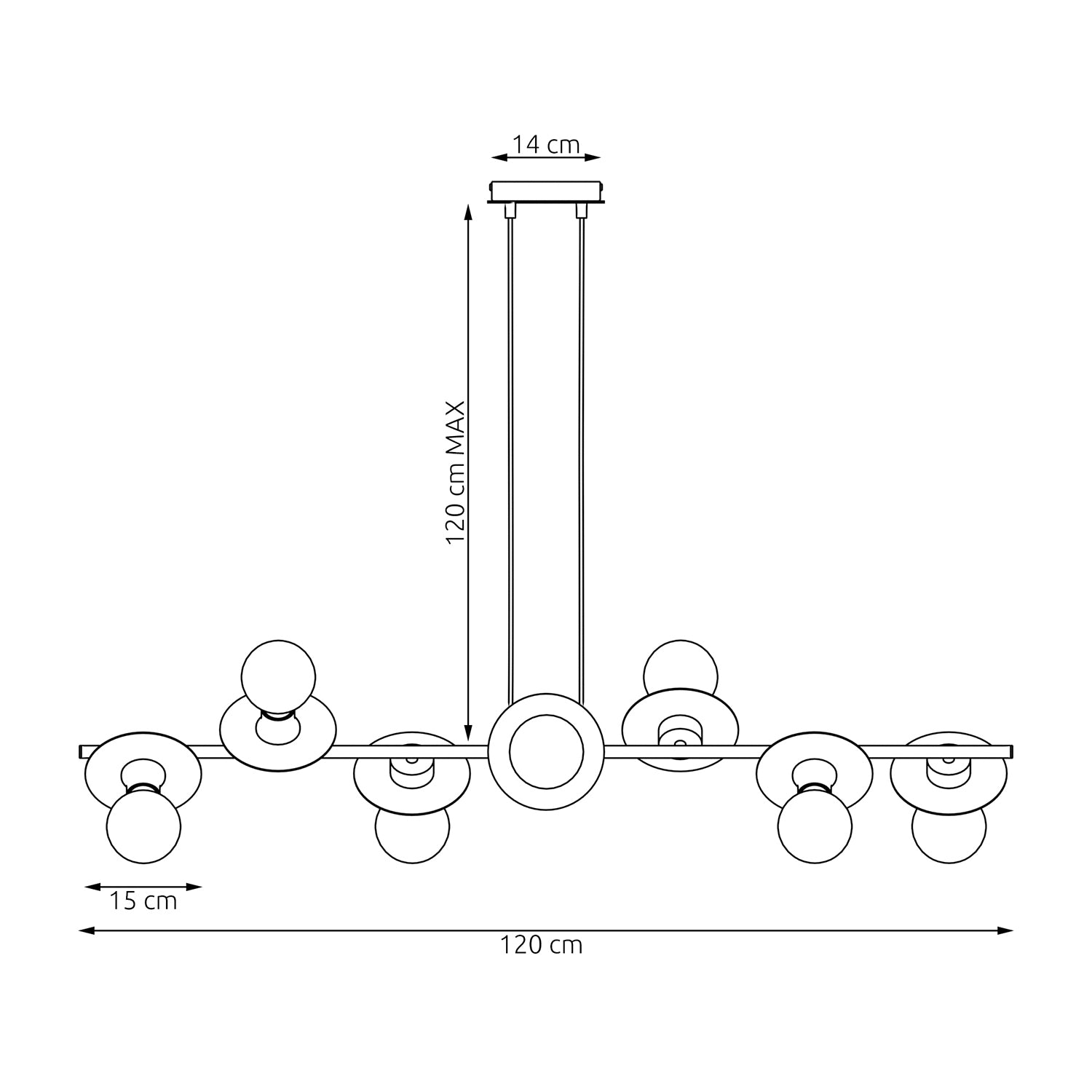 Lampadario 8 Luci Eos In Acciaio Nero E Arancio Con Barra E Diffusori A Piatti