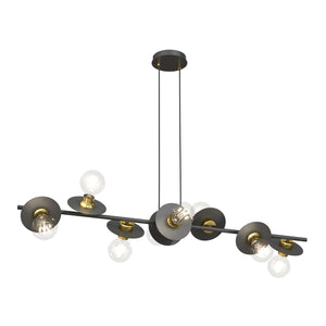 Lampadario 8 Luci Eos In Acciaio Nero E Oro Con Barra E Diffusori A Piatti
