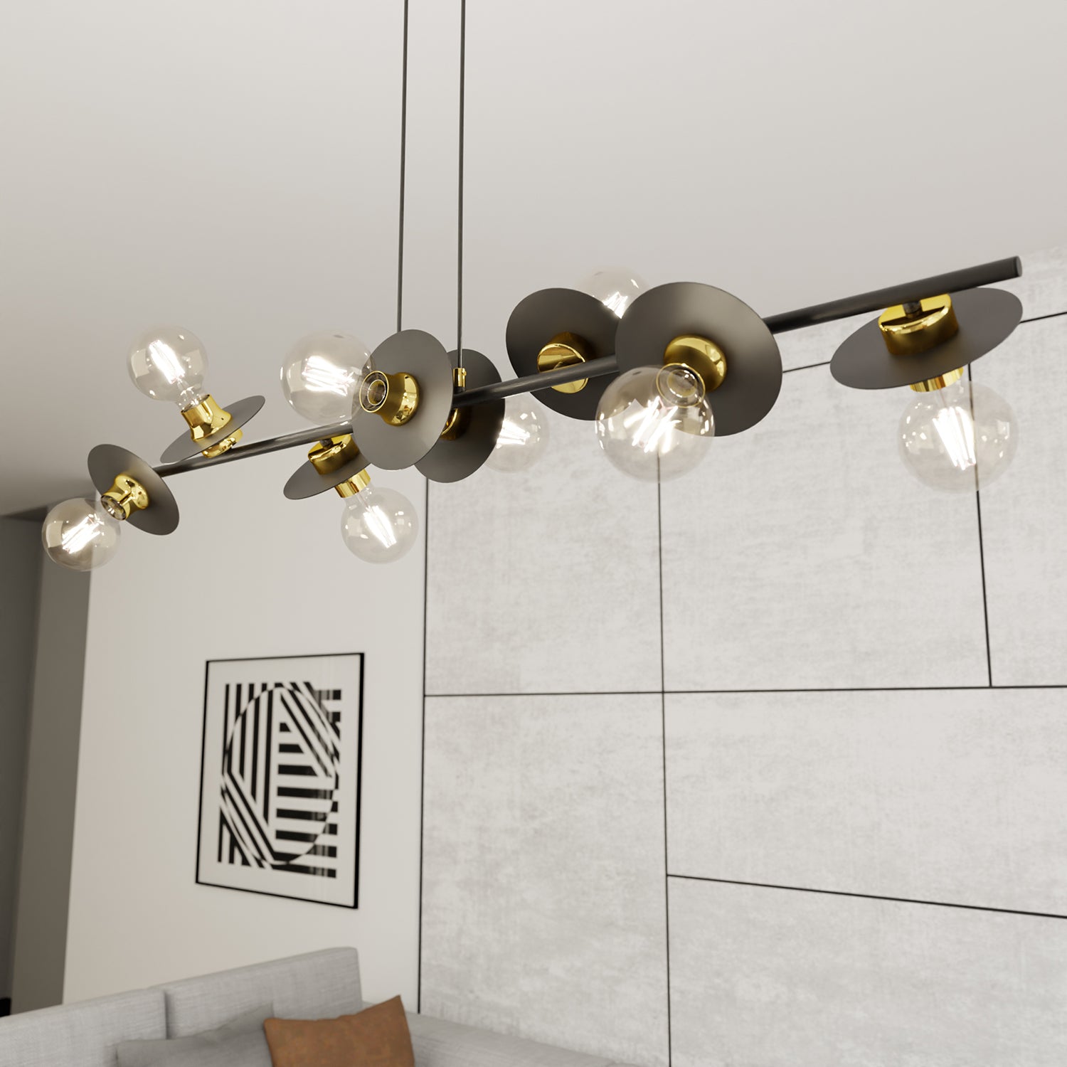 Lampadario 8 Luci Eos In Acciaio Nero E Oro Con Barra E Diffusori A Piatti