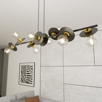 Lampadario 8 Luci Eos In Acciaio Nero E Oro Con Barra E Diffusori A Piatti