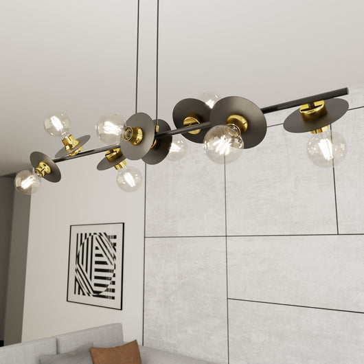 Lampadario 8 Luci Eos In Acciaio Nero E Oro Con Barra E Diffusori A Piatti